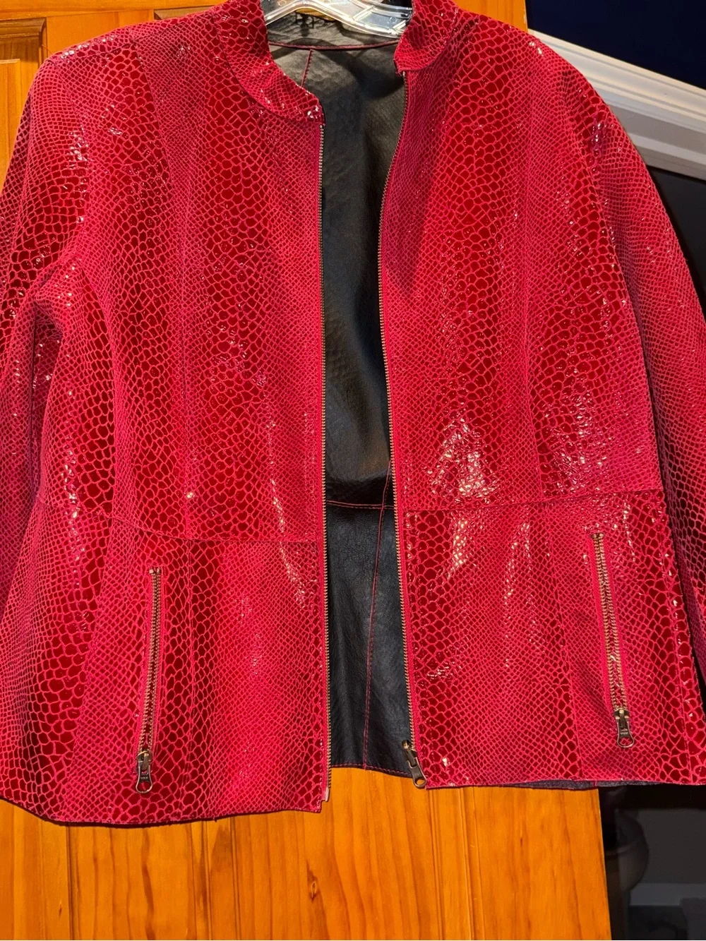 Chico's Shiny Reversible Textured Red Leather Snakeskin Jacket XL